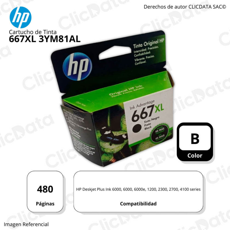 Tinta HP 667XL Negro 3YM81Al 480 Pág. 6000, 6400, 2700 Original