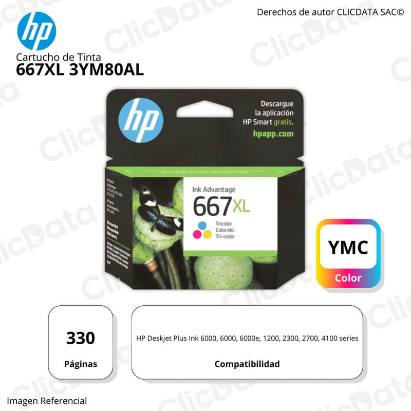 Tinta Hp 667Xl Color 3Ym80Al 330 Pág. 6000, 6400, 2700 Original