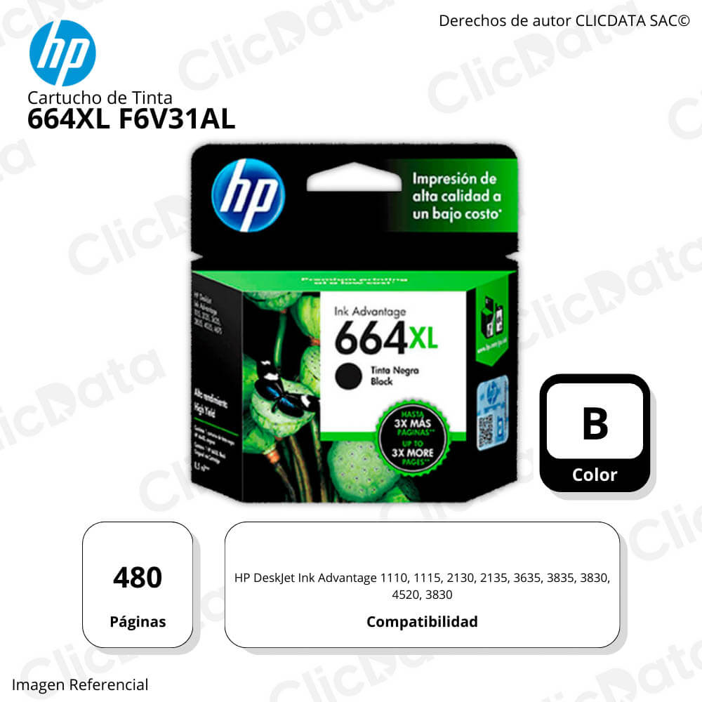 Tinta Hp 664Xl Negro F6V31Al 480 Pág. 1110, 2130, 4520 Original