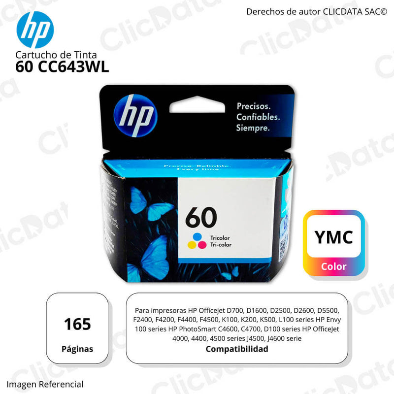 Tinta Hp 60 Color Cc643Wl 165 Pág. J4580, F4400 Original