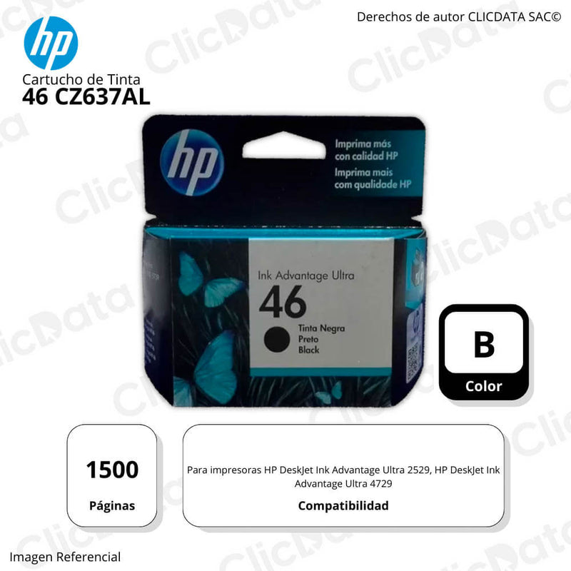 Tinta Hp 46 Negro Cz637Al 1,500 Pág. 2529,Ultra 4729 Original