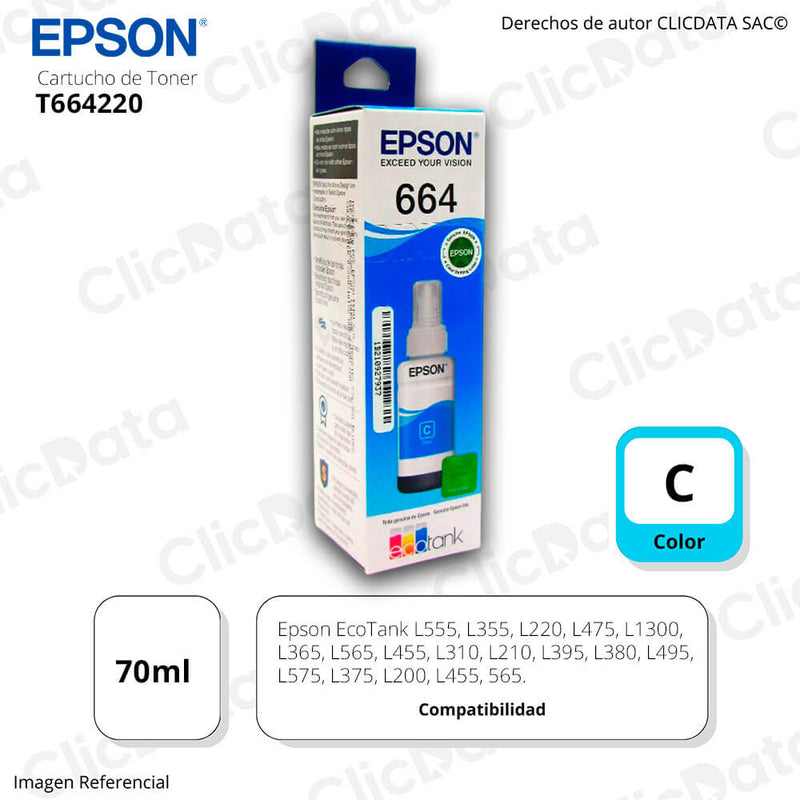 Tinta Epson T664220Al Cian 70ml EcoTank L200, L300 Original