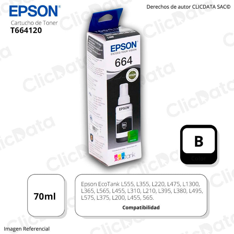 Tinta Epson T664120Al Negro 70ML EcoTank L355,L555 Original