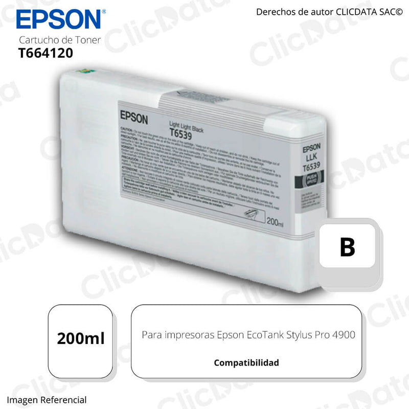 Tinta Epson T653900 Ligth Black 200ML Stylus Pro 4900 Original
