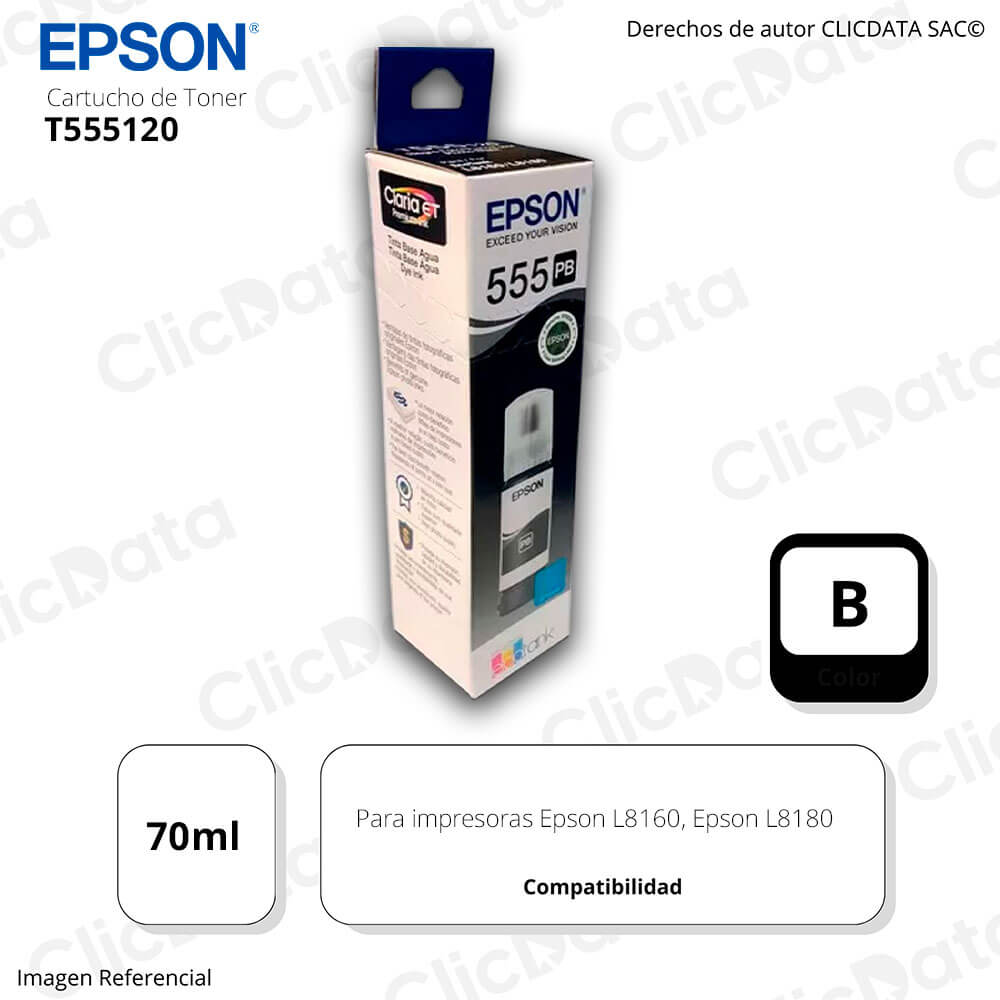 Tinta Epson T555120 Negro 70ml Pag EcoTank L8160, L8180 Original
