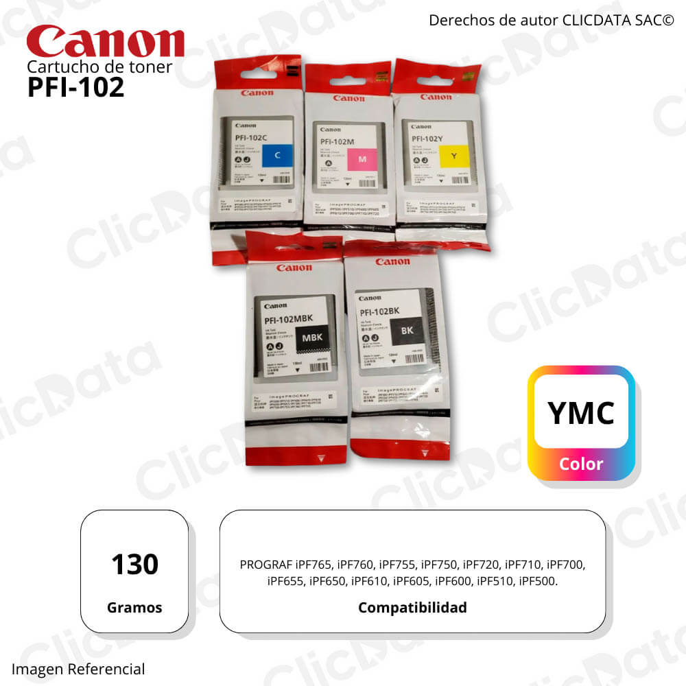 Kit de Tinta Canon PFI-102 Negro y Tricolor iPF750 Original