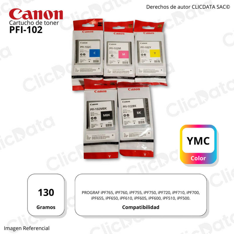Kit de Tinta Canon PFI-102 Negro y Tricolor iPF750 Original