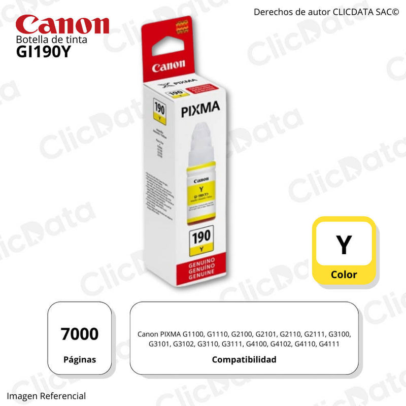 Tinta Canon GI-190Y Yellow 70ML G3110, G4110, G2110 Original