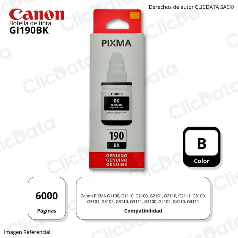 Tinta Canon GI-190Bk Black 135ML G3110, G4110, G21101 Original