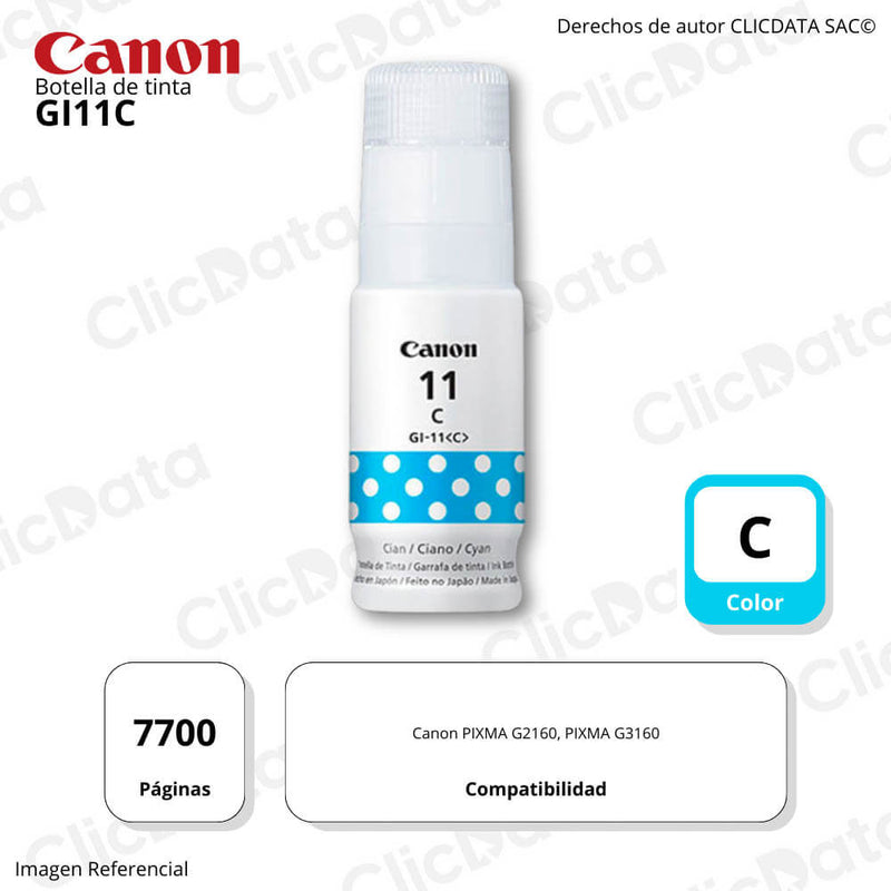 Tinta Canon GI-11C Cyan 6,000 Pág. Pixma G3160, G2160 Original