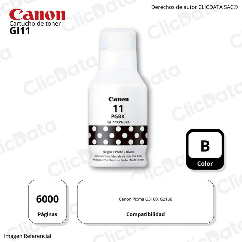 Tinta Canon GI-11 Pgbk Black 6,000 Pág. Pixma G3160, G2160 Original