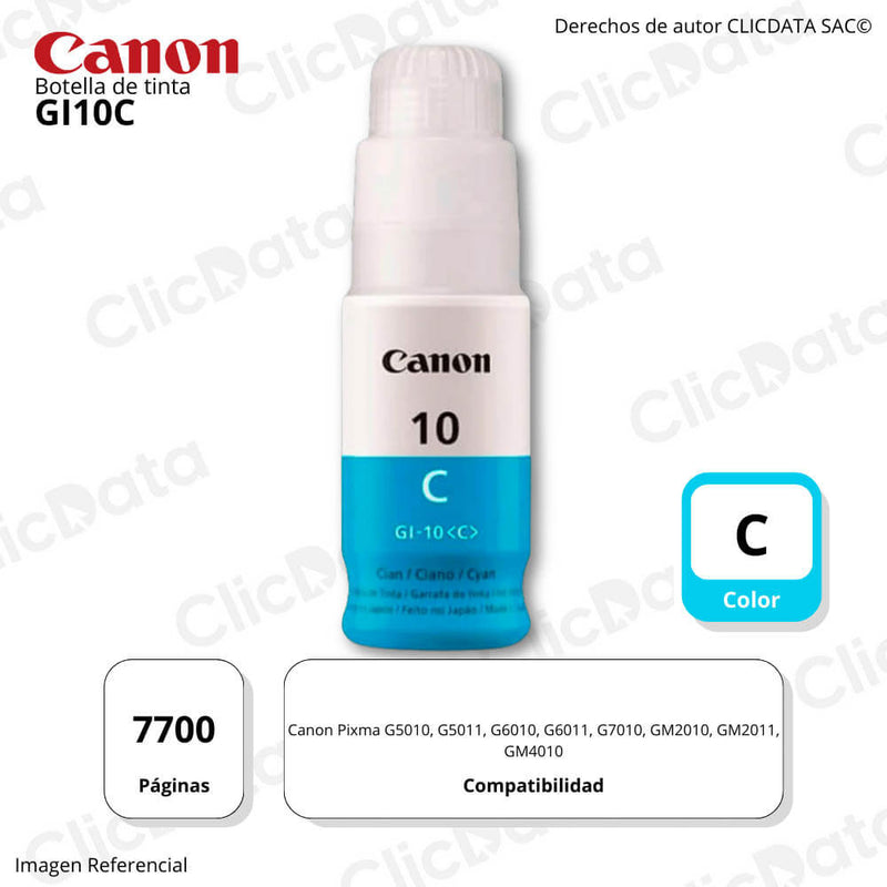 Tinta Canon GI-10C Cyan 7,700 Pag G6010, G7010 Original