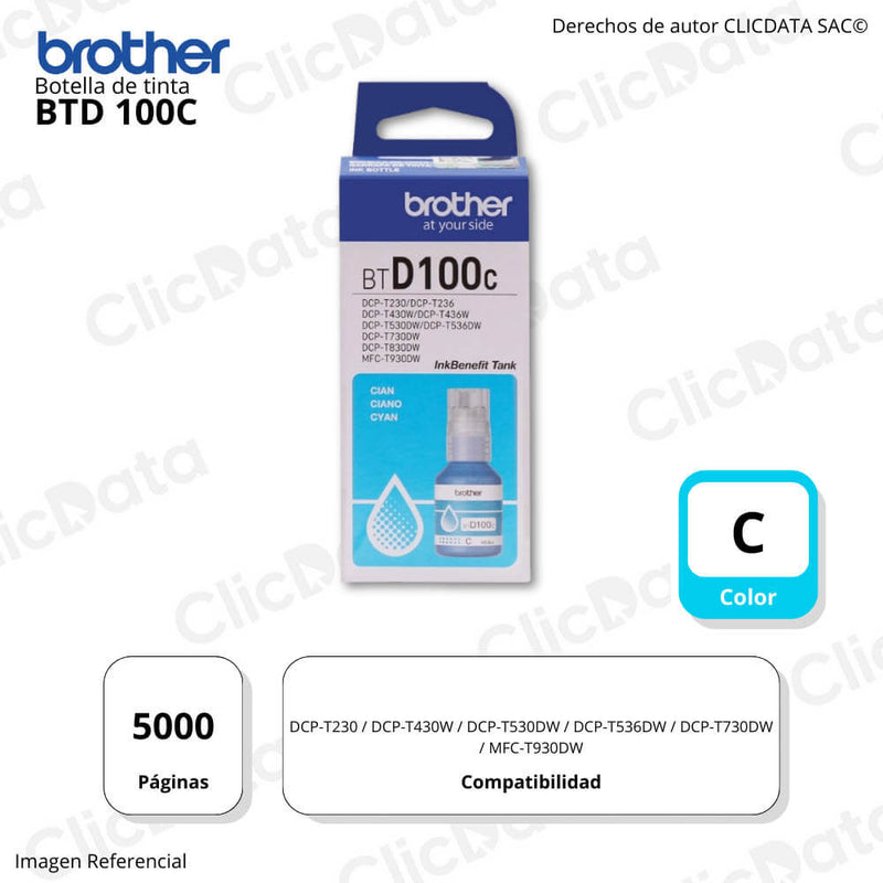 Tinta Brother BTD 100C Cyan Dcp-T230, 430W, 436W Original