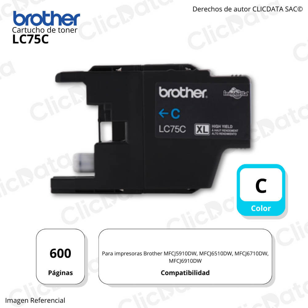 Tinta Brother LC 75C Cyan 600 Pág. J5910DW, J6710DW Original