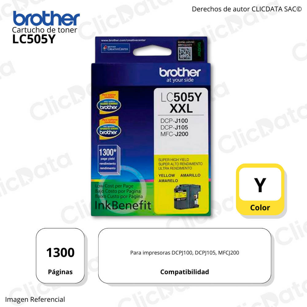 Tinta Brother LC 505Y Yellow 1,300 Pág. DCP-J100, MFC-J200 Original