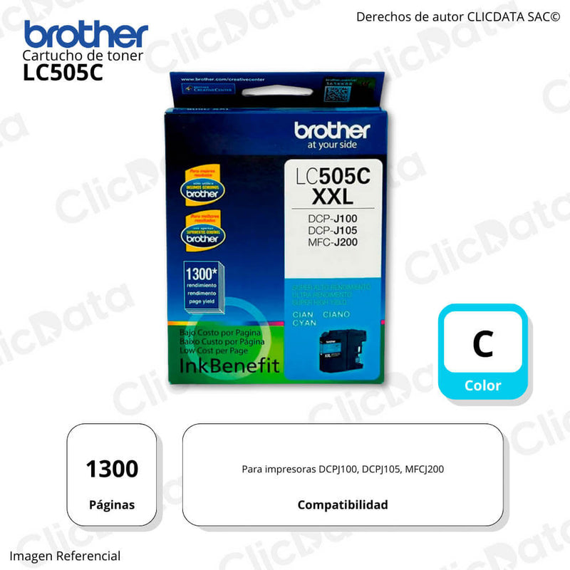 Tinta Brother LC 505C Cyan 1,300 Pág. DCP-J100, MFC-J200 Original