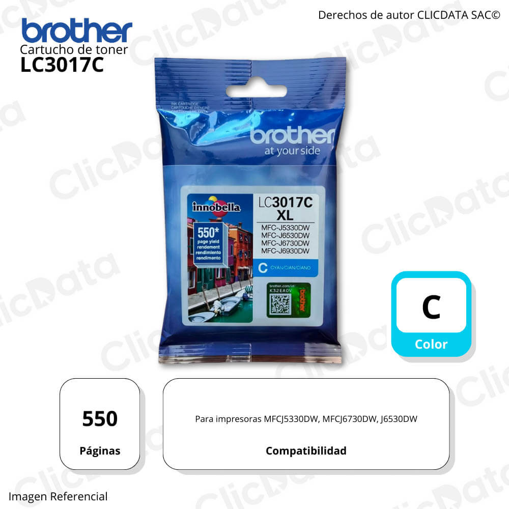 Tinta Brother LC 3017C Cyan 550 Pág. J5330DW, J6730DW Original
