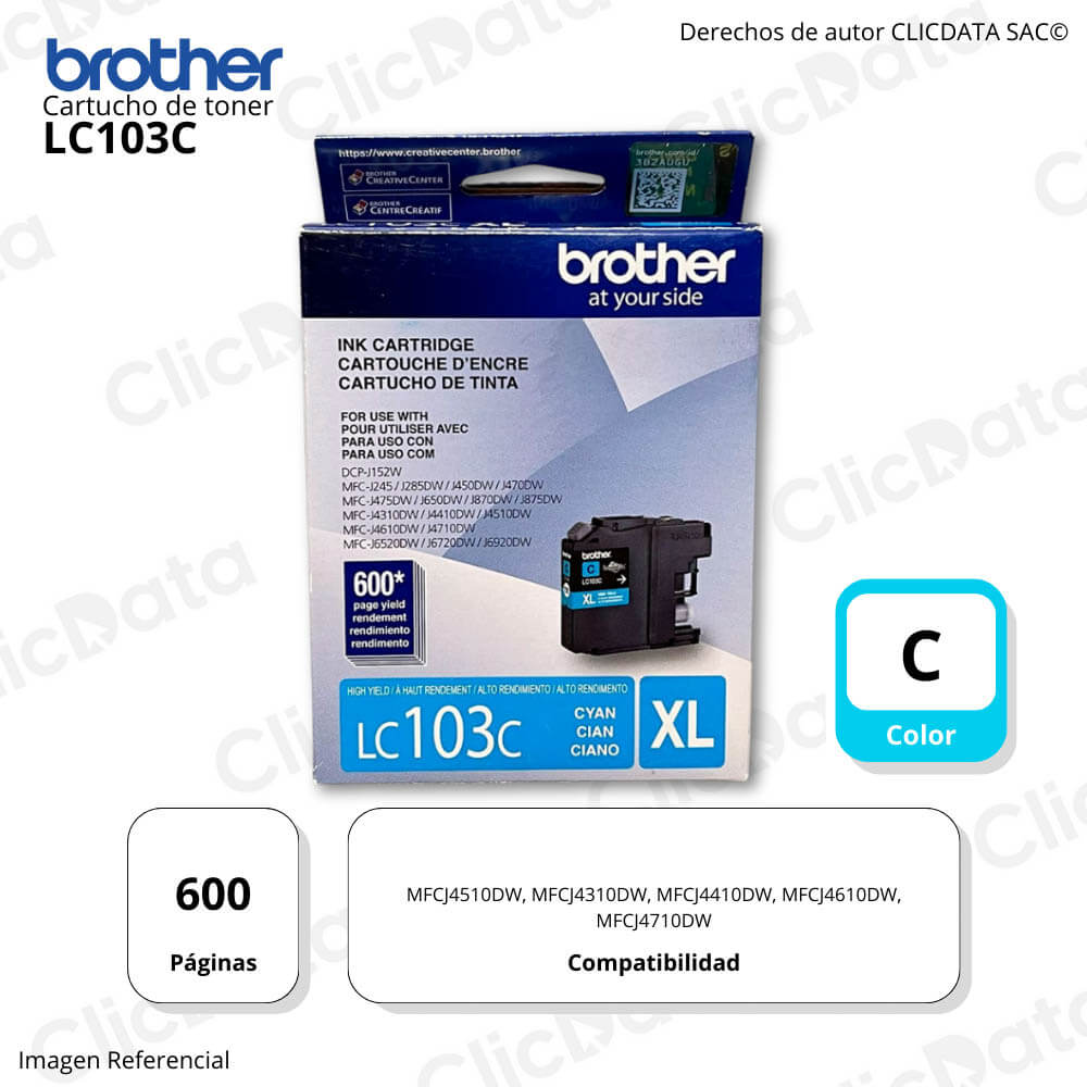 Tinta Brother LC 103C Cian 600 Pág. MFC-4510DW, 4710DW Original