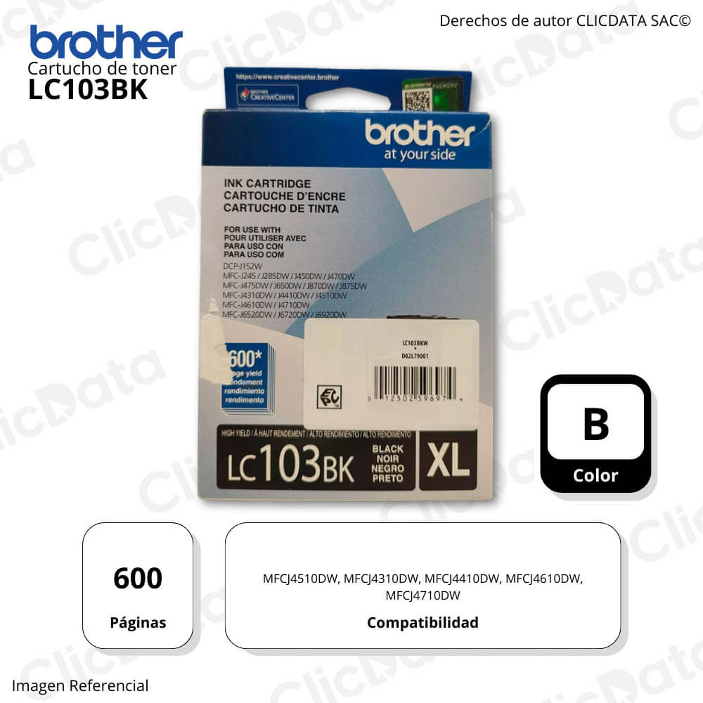 Tinta Brother LC 103Bk Black 600 Pág. MFC-4510DW, 4710DW Original