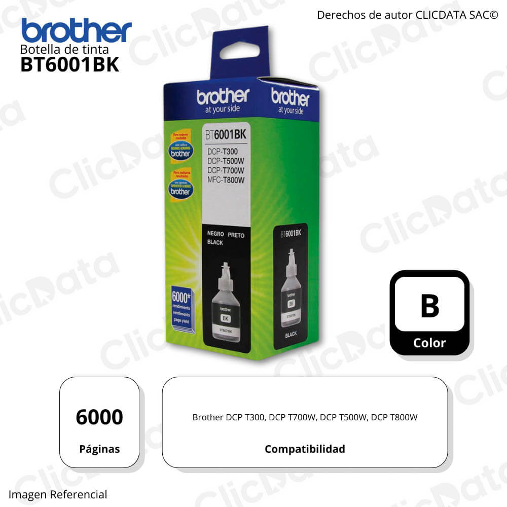 Tinta Brother BT 6001Bk Black 6,000 Pág. DCP T300,T420W Original