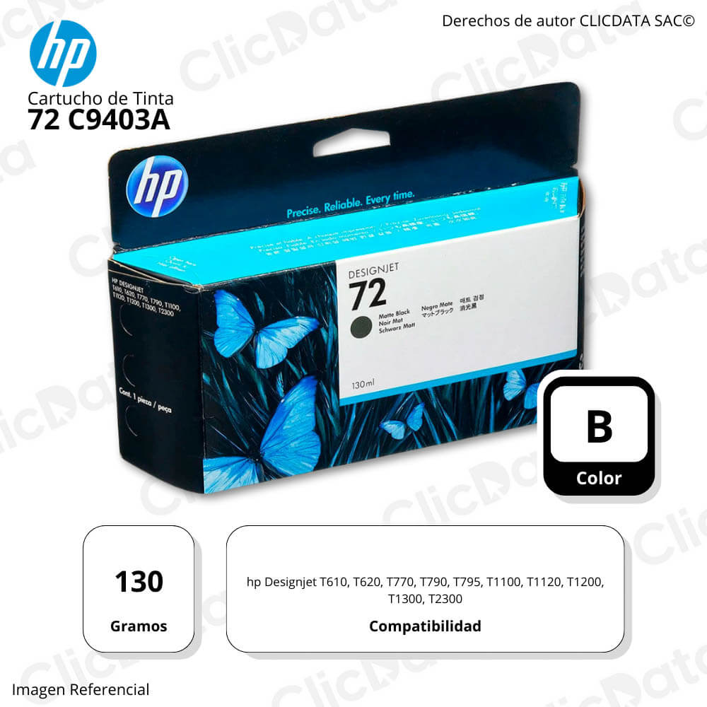 Tinta 72 HP Negro Mate C9403A 130ml T1100, T1120, T1200 Original