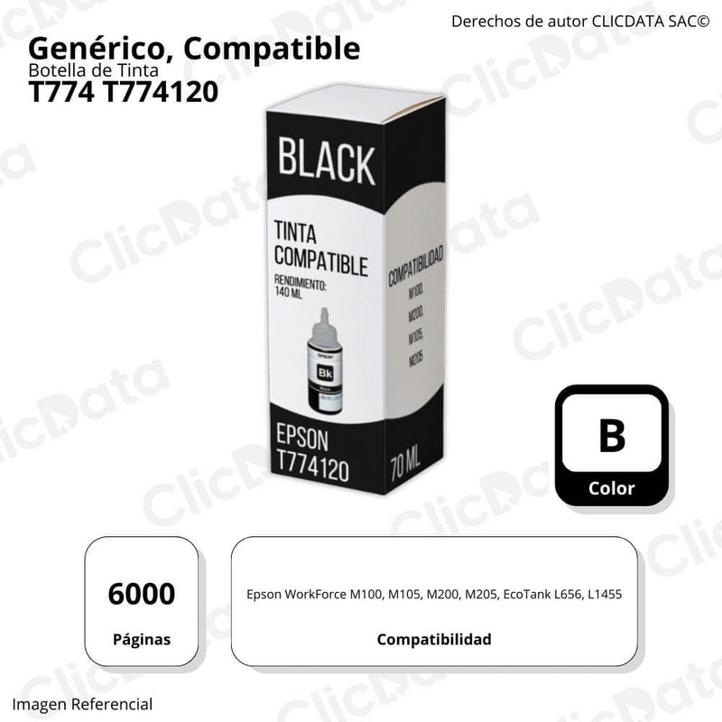 Tinta Epson T774120 Negro 140ml L656, L1455, M105 Compatible