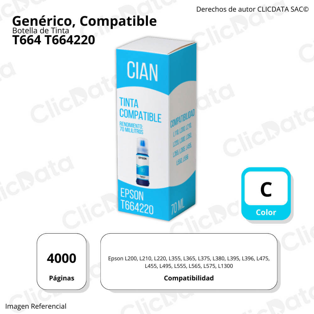 Tinta Epson T664220 Cian 70ml L455, L200, L565,L210 Compatible