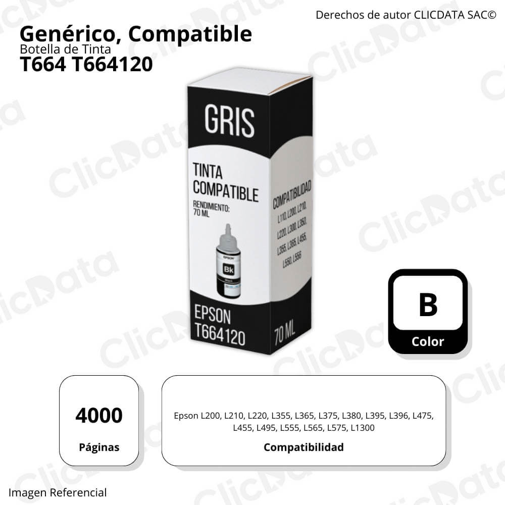 Tinta Epson T664120 Negro 70ml L455, L200, L565,L210 Compatible