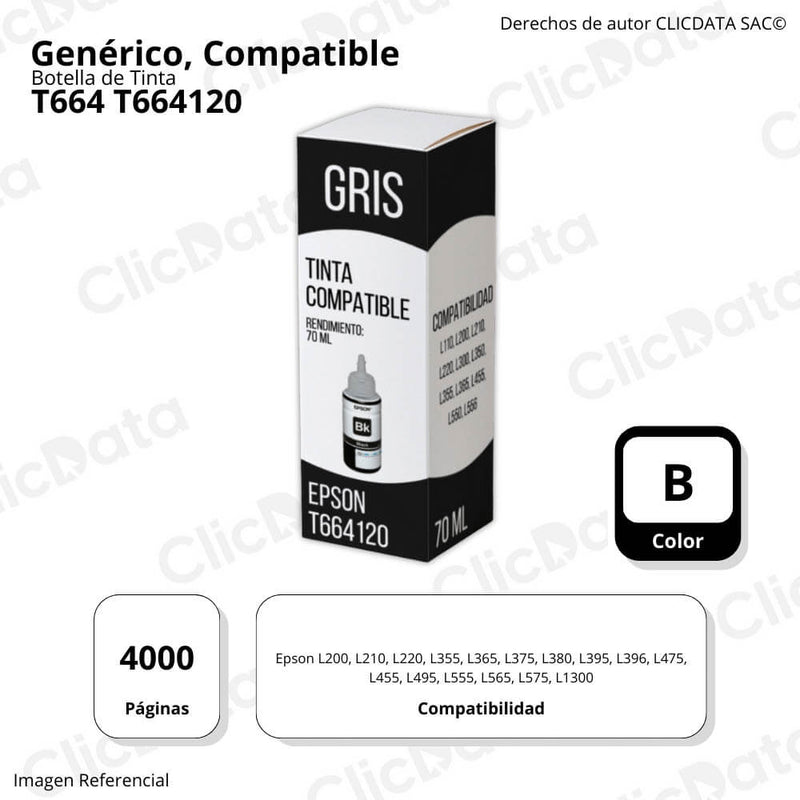 Tinta Epson T664120 Negro 70ml L455, L200, L565,L210 Compatible