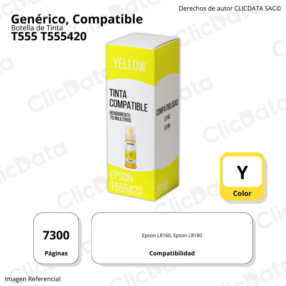 Tinta Epson T555420 Yellow 70 ml Epson L8160, L8180 Compatible