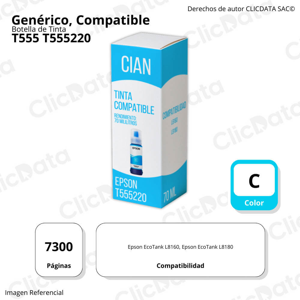 Tinta Epson T555220 Cian 70 ml Epson L8160, L8180 Compatible