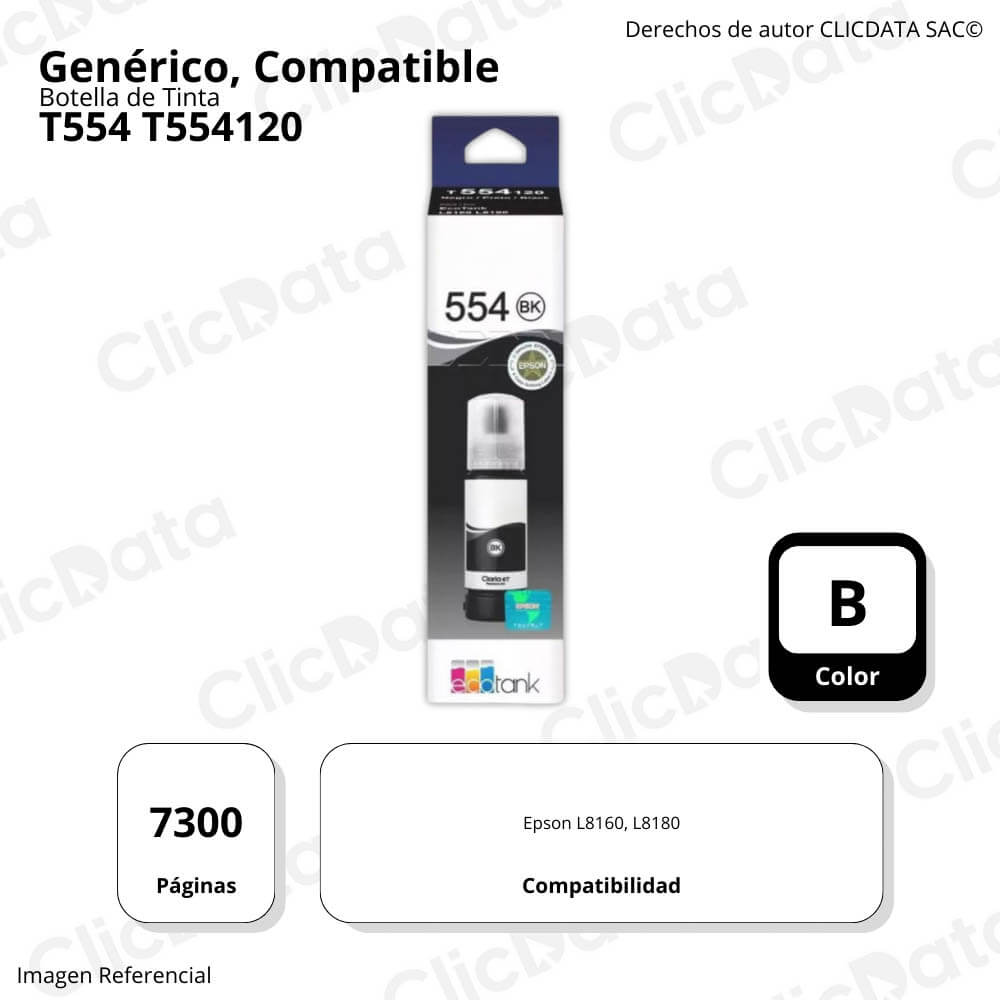 Tinta Epson T554120 Negro 70 ml Epson L8160, L8180 Compatible