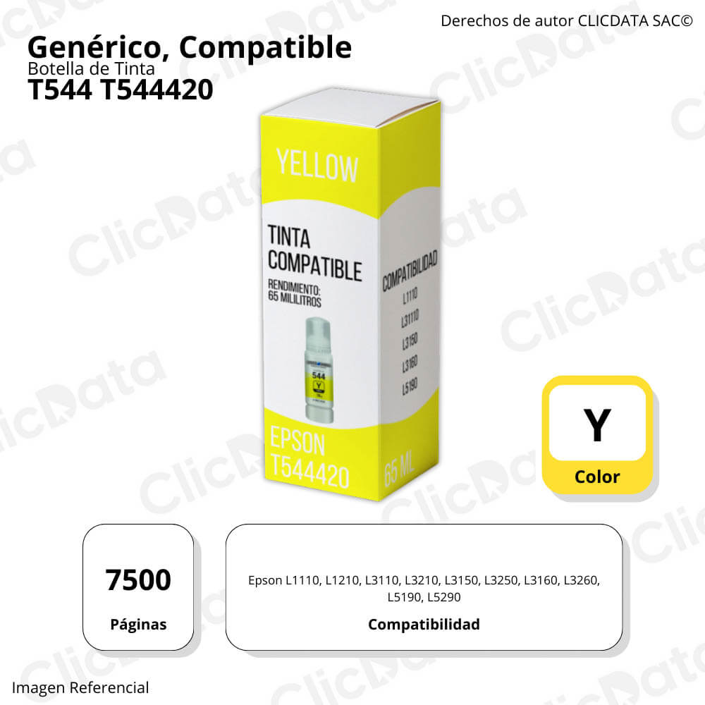 Tinta Epson T544420 Yellow 65ml L4160, L6171, L6191 Compatible