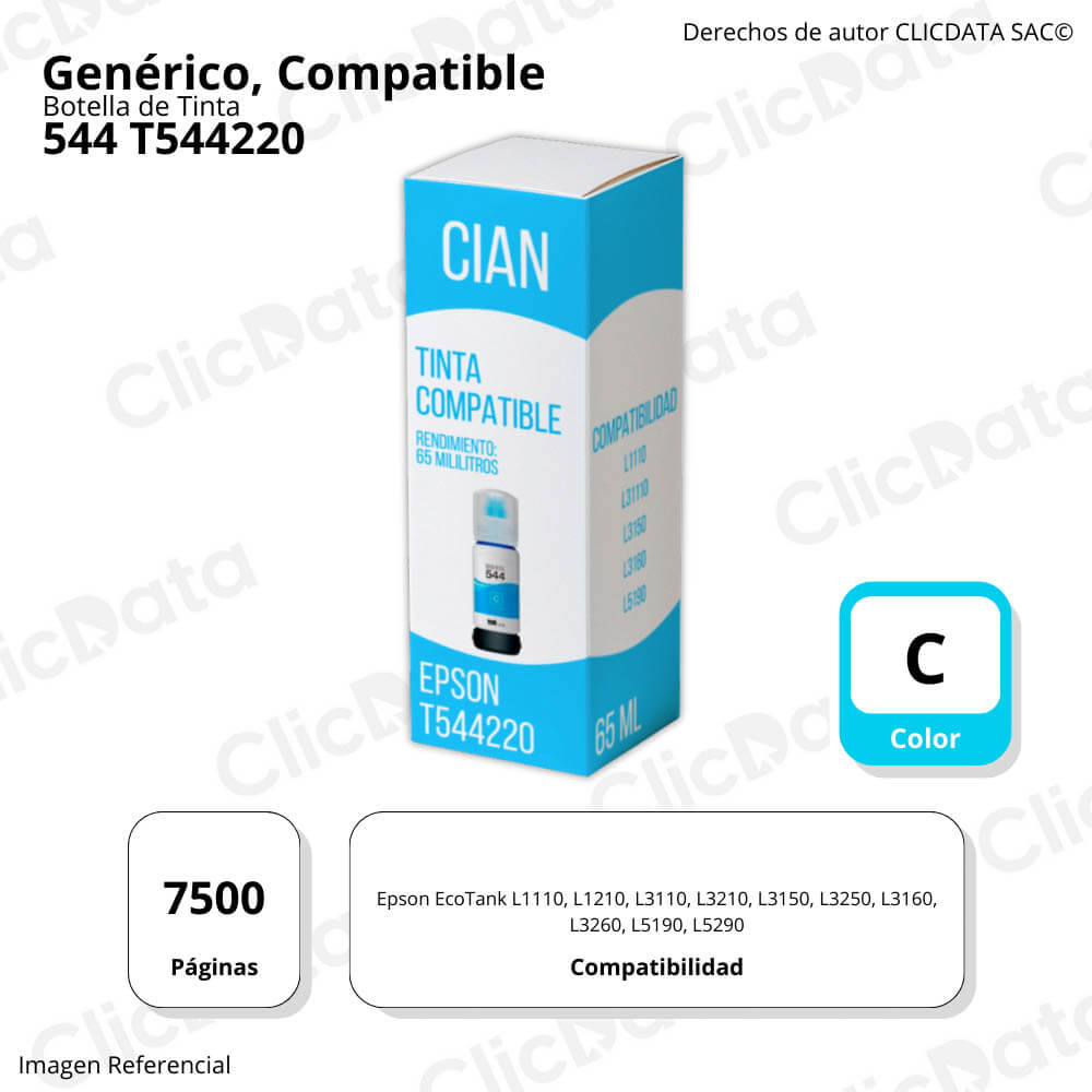 Tinta Epson T544220 Cyan 65ml L4160, L6171, L6191 Compatible