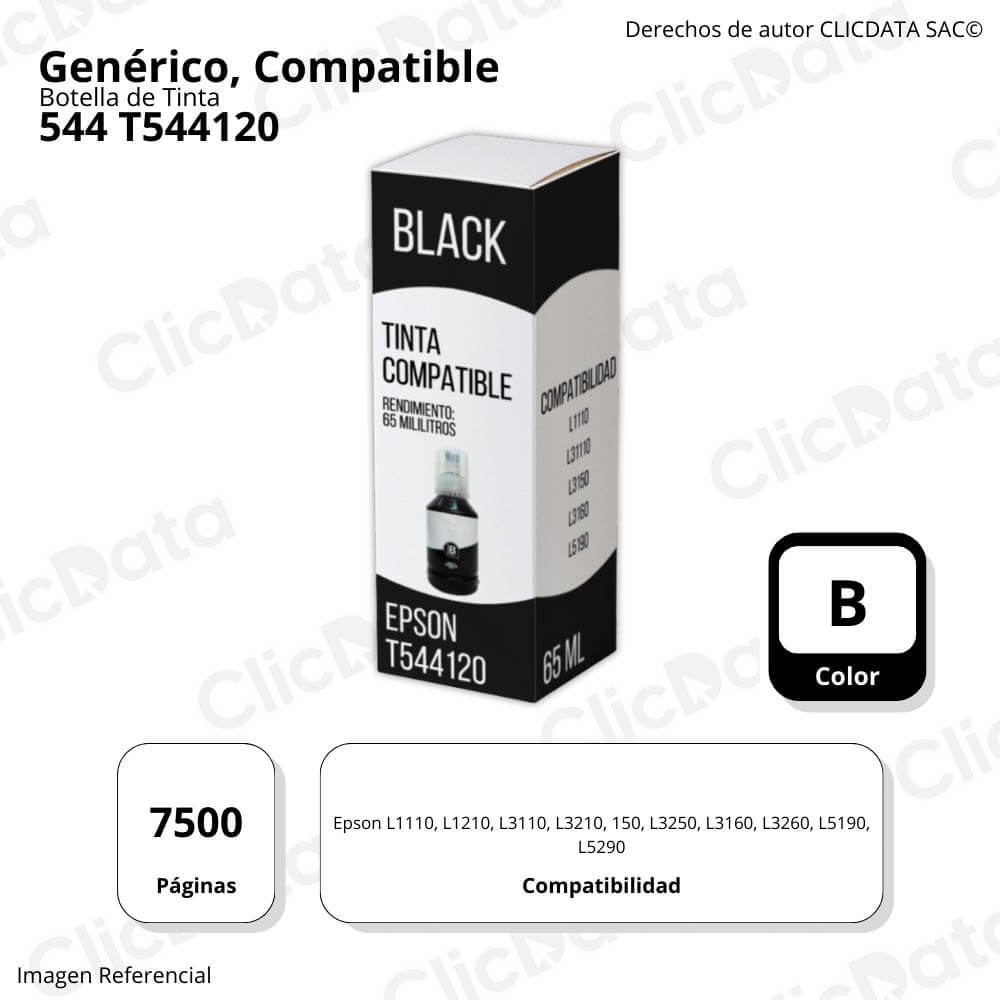 Tinta Epson T544120 Negro 65ml L4160, L6171, L6191 Compatible