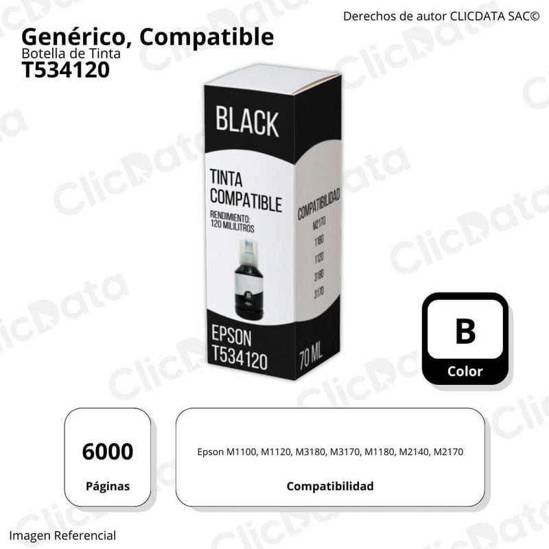 Tinta Epson T534120 Negro 120ml M1120,M1180,M2170 Compatible