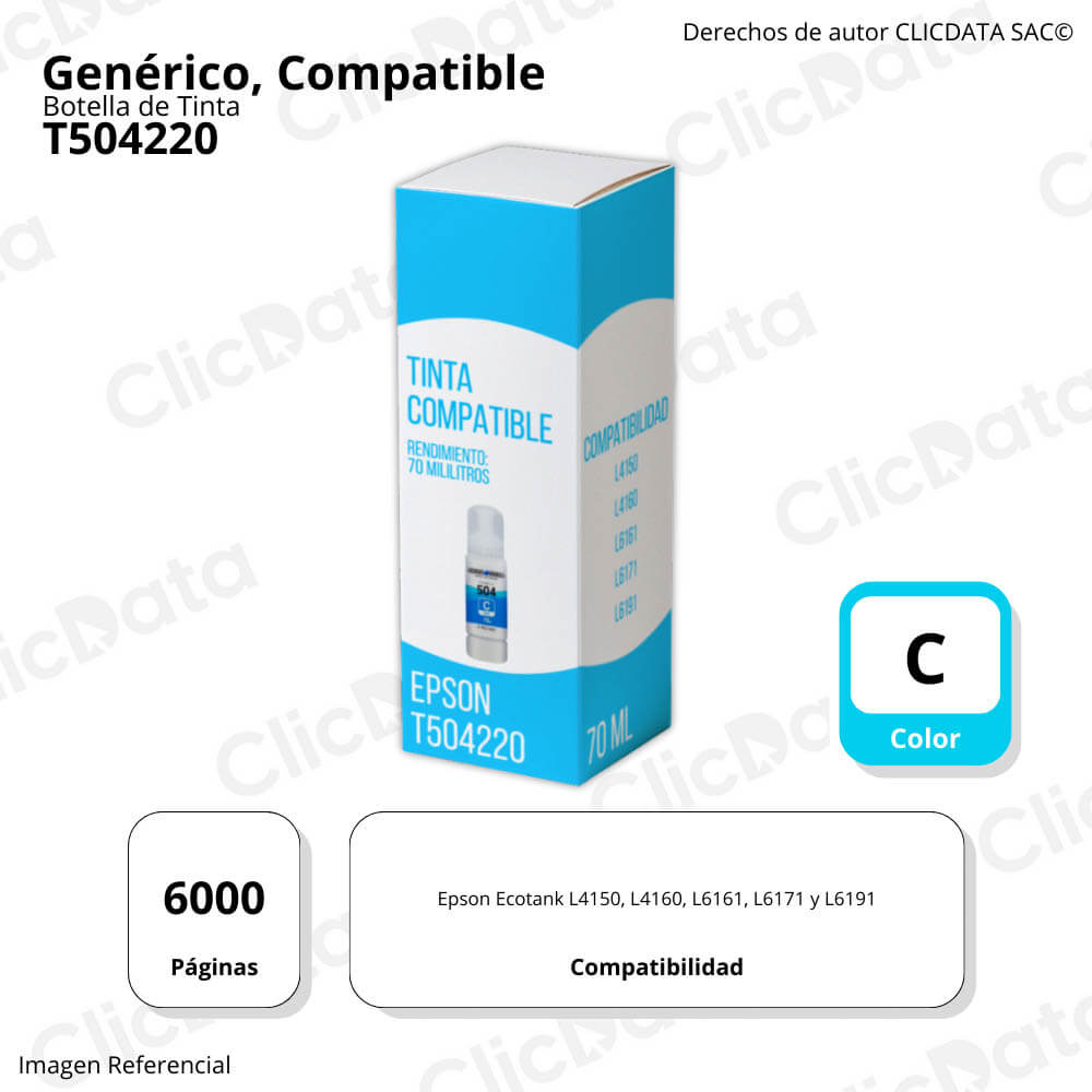 Tinta Epson T504220 Cian 70ml L4150, L4160, L6191 Compatible