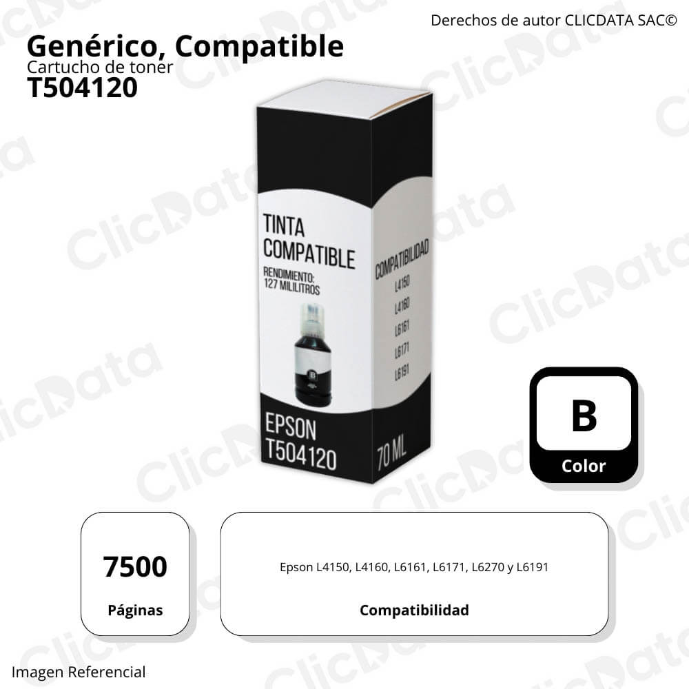 Tinta Epson T504120 Negro 127ml L6270, L4160,L6191 Compatible