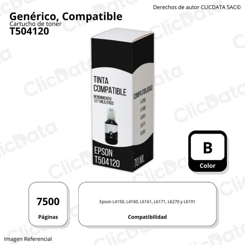 Tinta Epson T504120 Negro 127ml L6270, L4160,L6191 Compatible