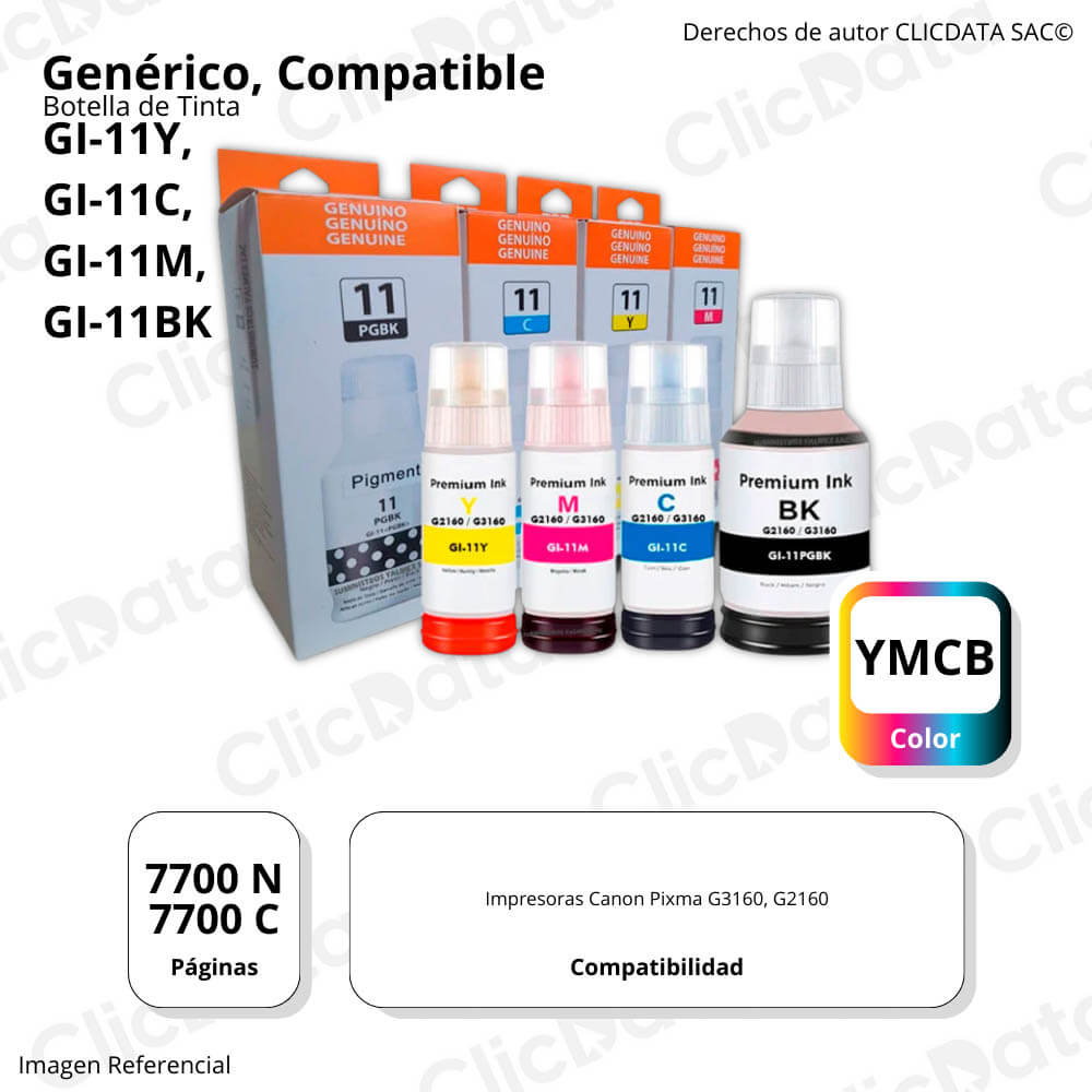 Kit de Tinta Canon GI-11 Negro y colores G3160, G2160 Compatible