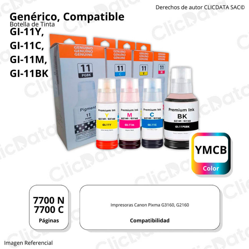 Kit de Tinta Canon GI-11 Negro y colores G3160, G2160 Compatible