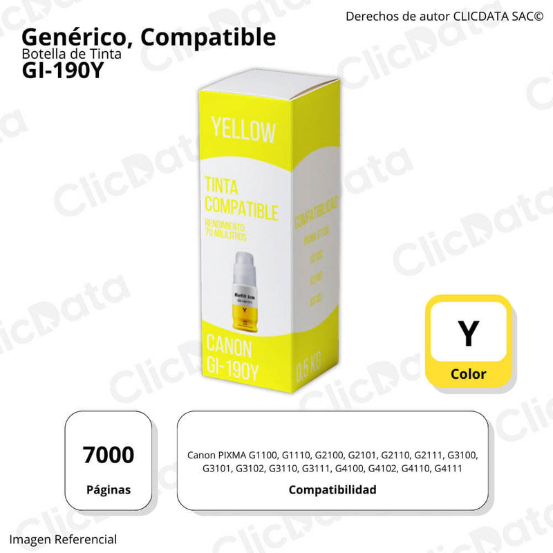 Tinta Canon GI190Y Yellow 70ml Canon G4110, G2110 Compatible