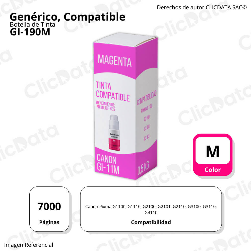 Tinta Canon GI 190M Magenta 70ml G2110, G3100, G4110 Compatible