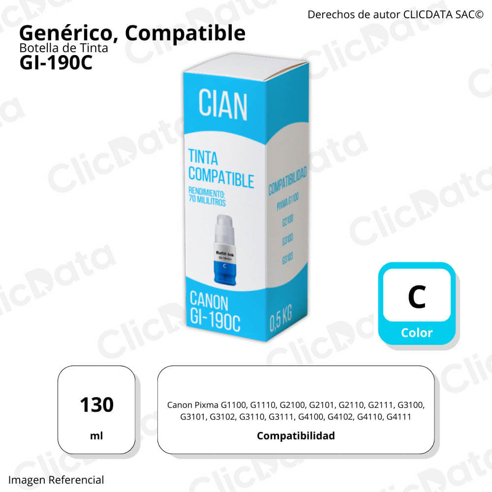 Tinta Canon GI 190C Cian 70ml G2110, G3100, G4110 Compatible