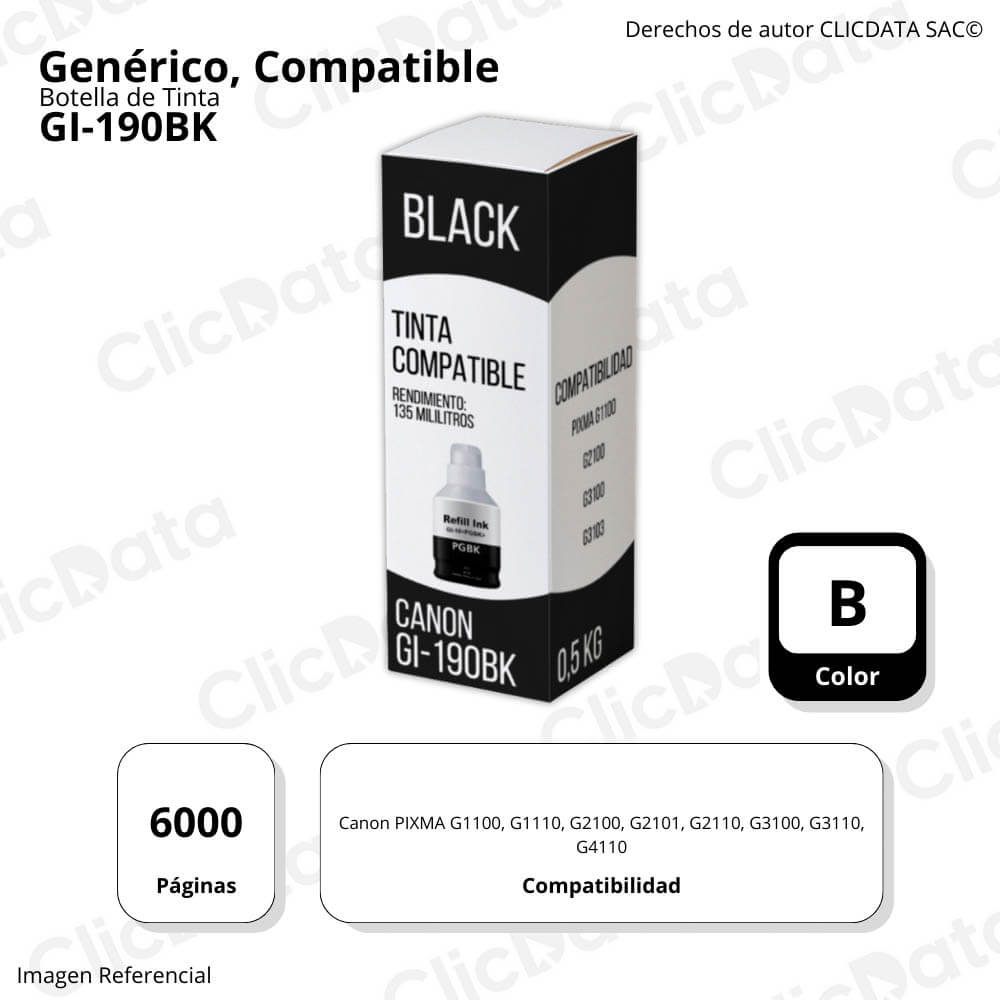 Tinta Canon GI 190BK Negro 135ml G2110, G3100, G4110 Compatible