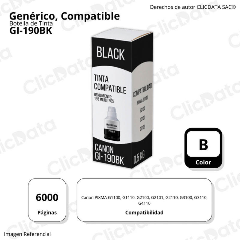 Tinta Canon GI 190BK Negro 135ml G2110, G3100, G4110 Compatible