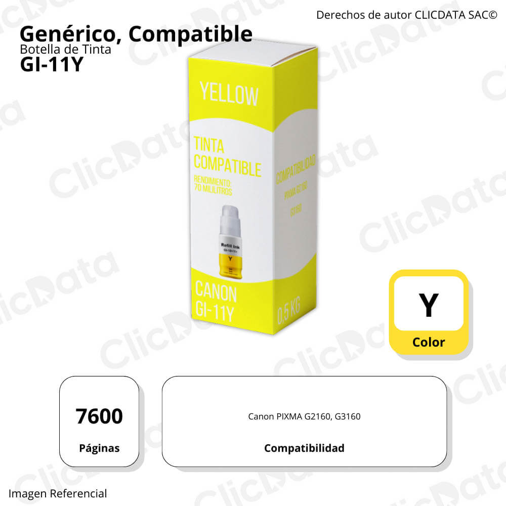 Tinta Canon GI 11Y Yellow 70ml Canon G2160,G3160 Compatible