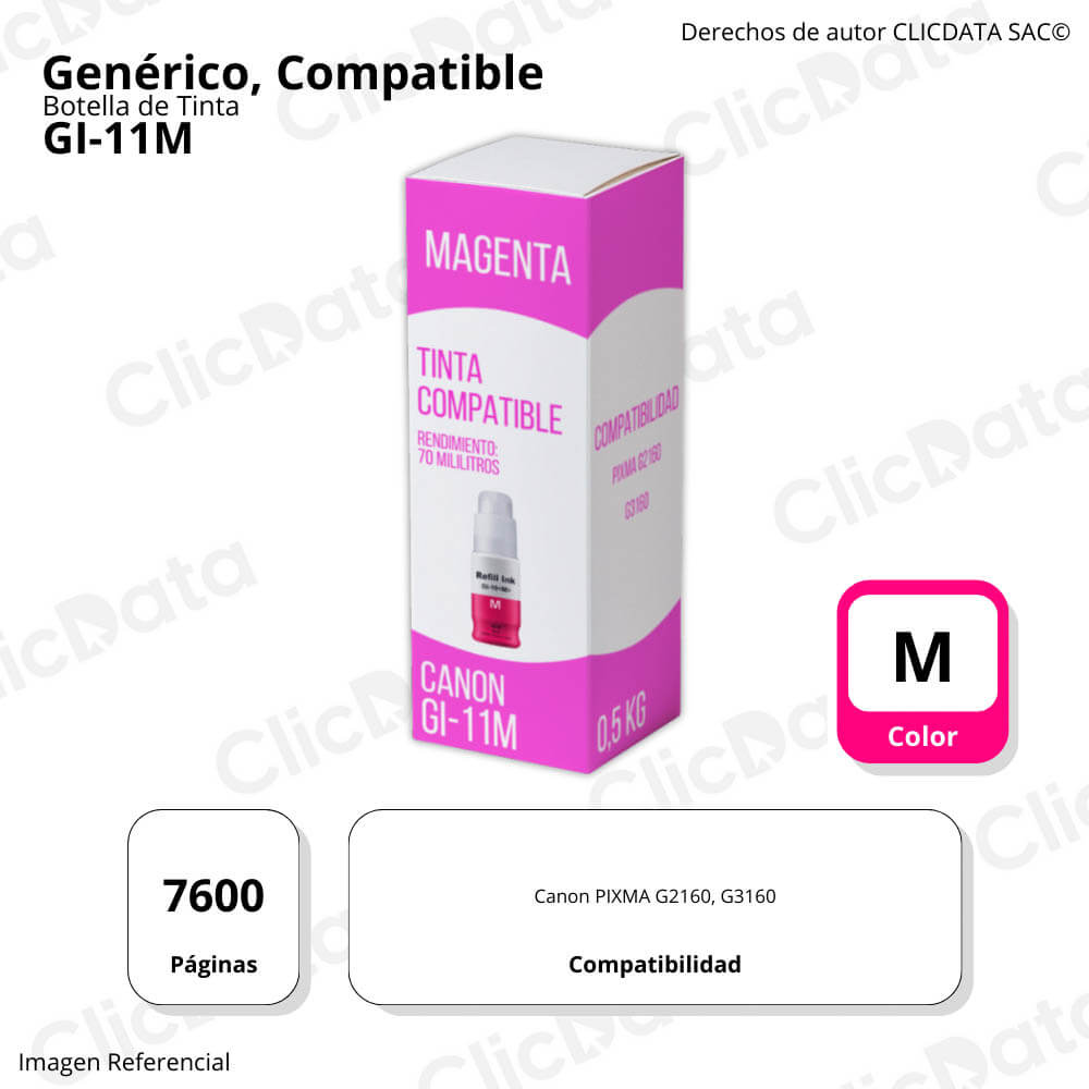 Tinta Canon GI 11M Magenta 70ml Canon G2160, G3160 Compatible