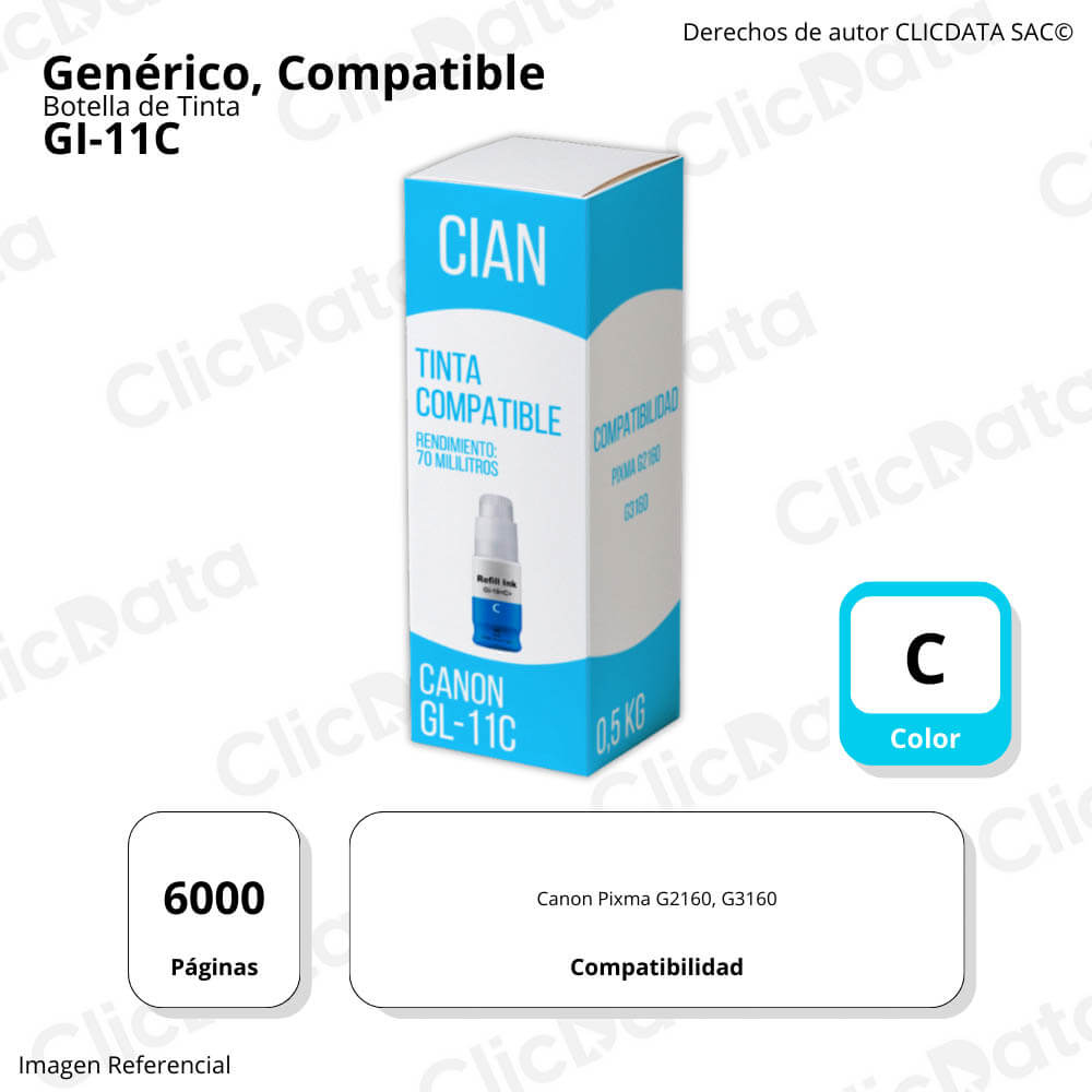 Tinta Canon GI 11C Cian 70ml Canon G2160, G3160 Compatible