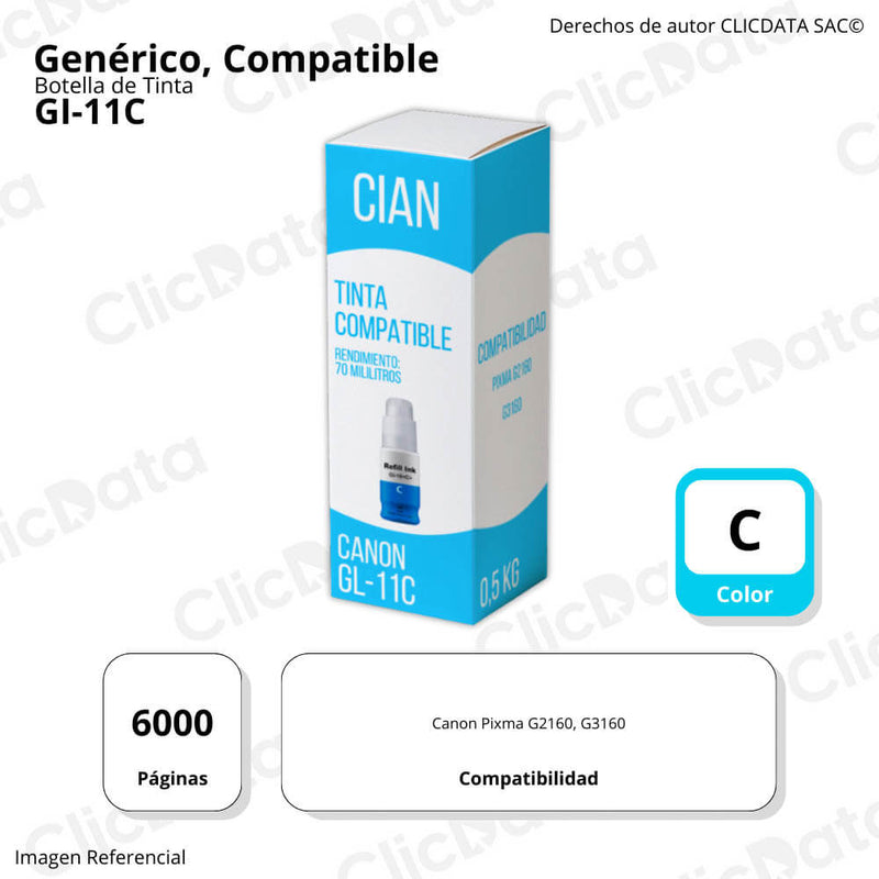 Tinta Canon GI 11C Cian 70ml Canon G2160, G3160 Compatible